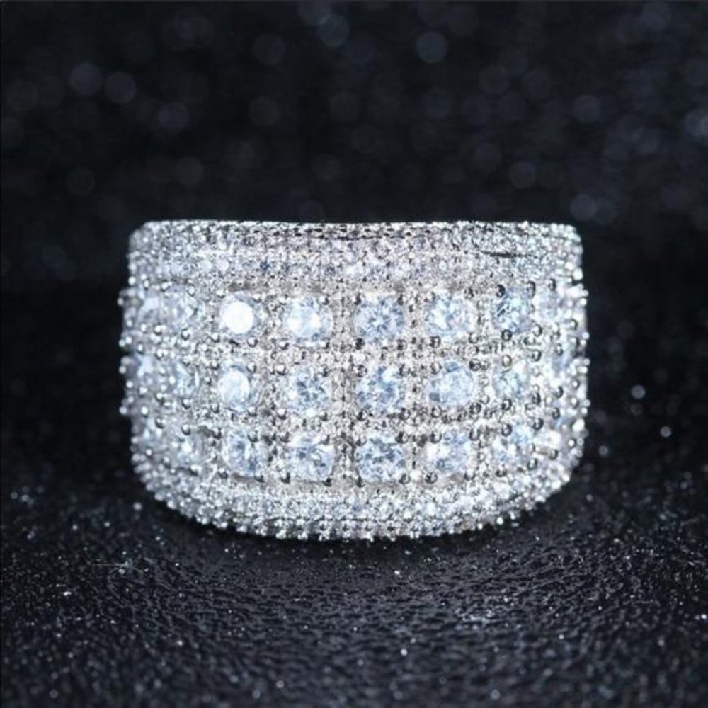 NEW Silver Round Diamond Pave Wide Band Ring - Picture 6 of 8